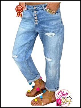 Women's Distressed Boyfriend Jeans High Waisted Button Fly Straight Leg Denim